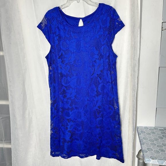 Ronni Nicole Blue Floral Crochet Lace Dress Knee Length Feminine Holiday Sz 16 - Picture 10 of 17